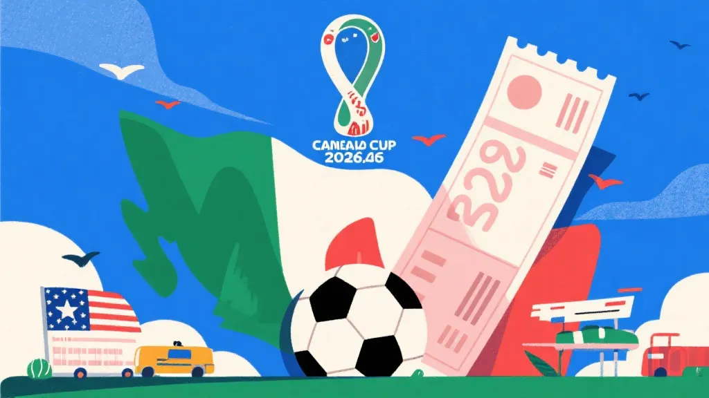 2026年美加墨世界杯概念图，包含足球与高昂旅行账单元素